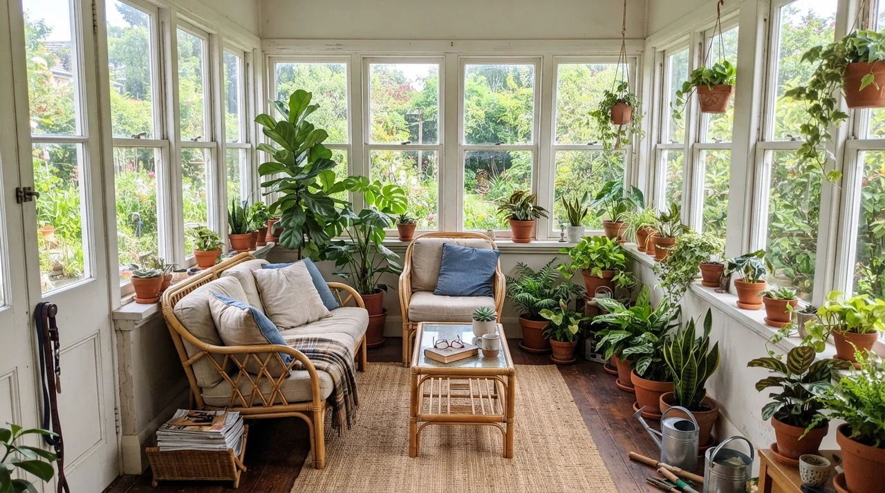 Bright sunroom with painted wall sections, white window frames, and rattan seating