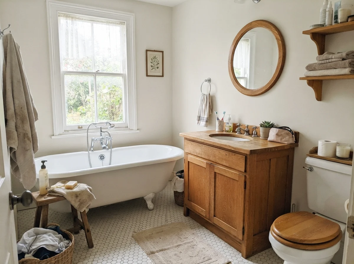 Cottage bathroom with a white clawfoot tub, oak vanity, hex tile floor, and Pearly White walls.