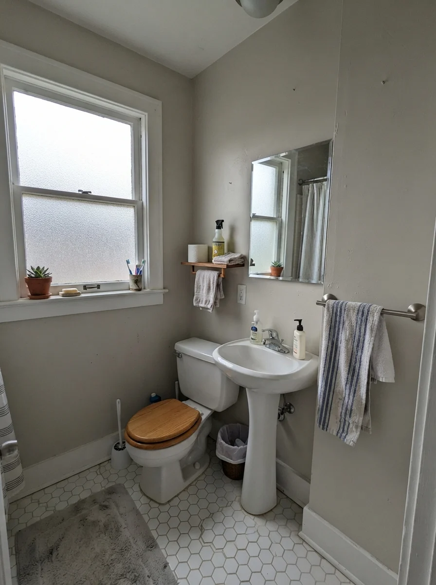 Small bathroom under flat overcast daylight showing painted walls reading muted beside white fixtures.