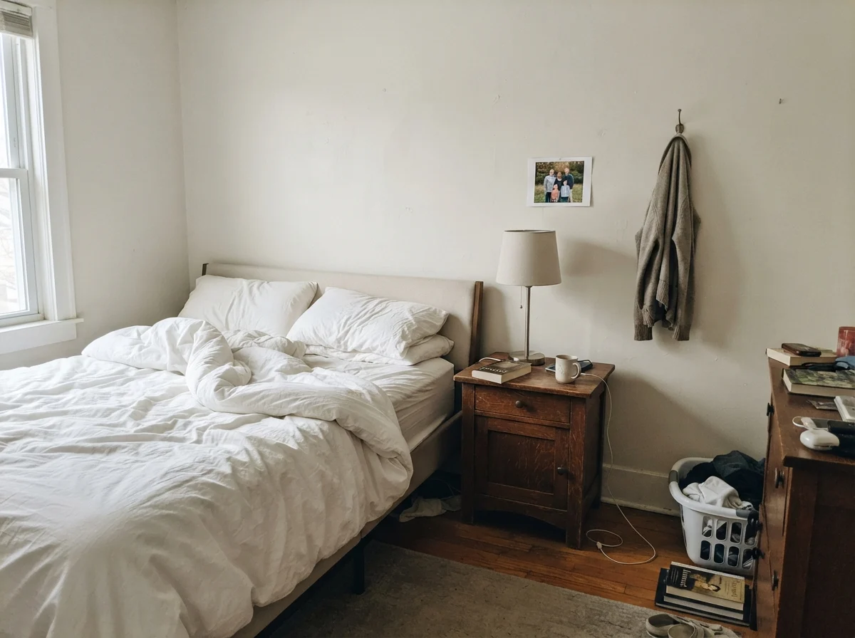 Simple bedroom in cool morning daylight with unmade white bedding and pale painted walls.