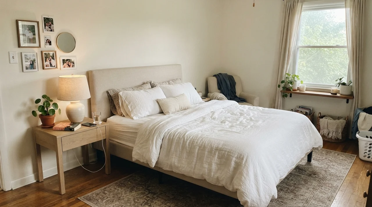 Main bedroom with Pearly White walls, white linen bedding, and pale oak nightstands.