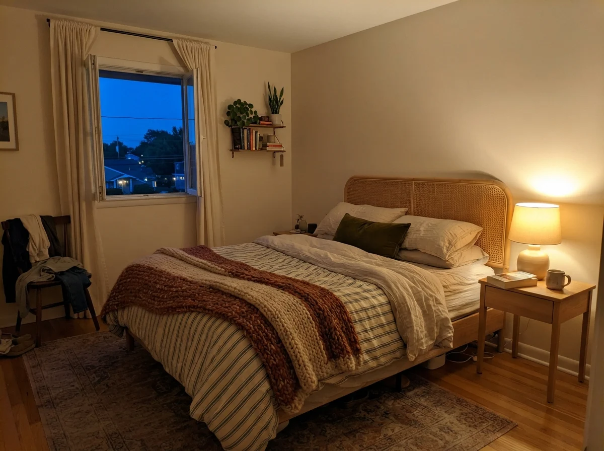 Simple bedroom at evening with a warm lamp glowing against Pearly White walls beside a rattan headboard.