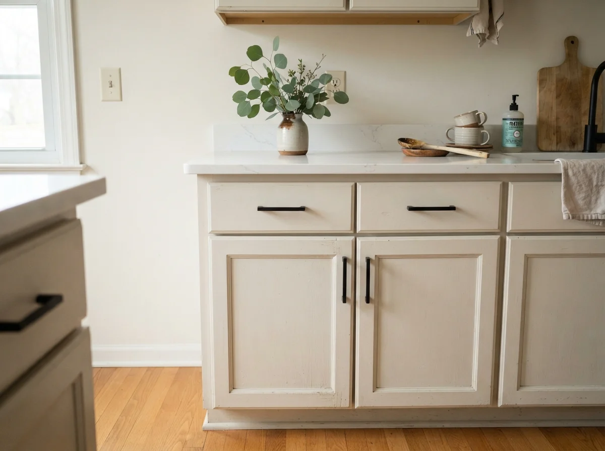 Close-up of Pearly White shaker cabinet fronts with matte black handles and quartz counter.