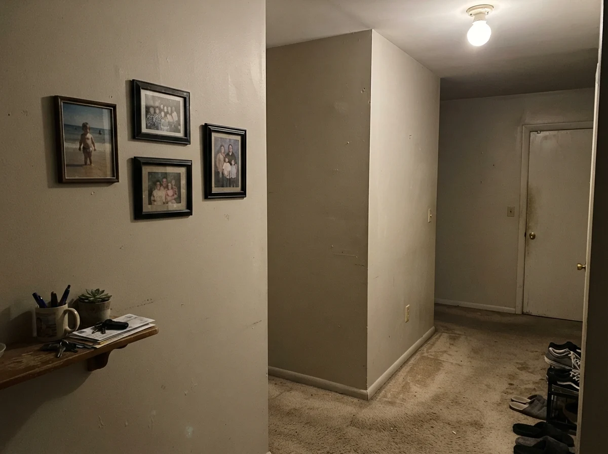 Dim windowless hallway corner showing painted wall looking muddy and putty-like over beige carpet.