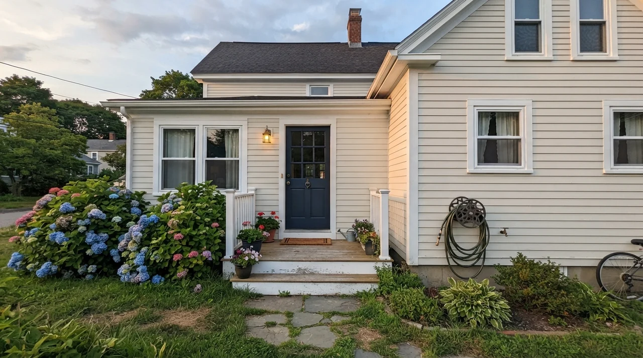 House exterior with horizontal siding painted in Pearly White, white trim, and a dark navy front door.