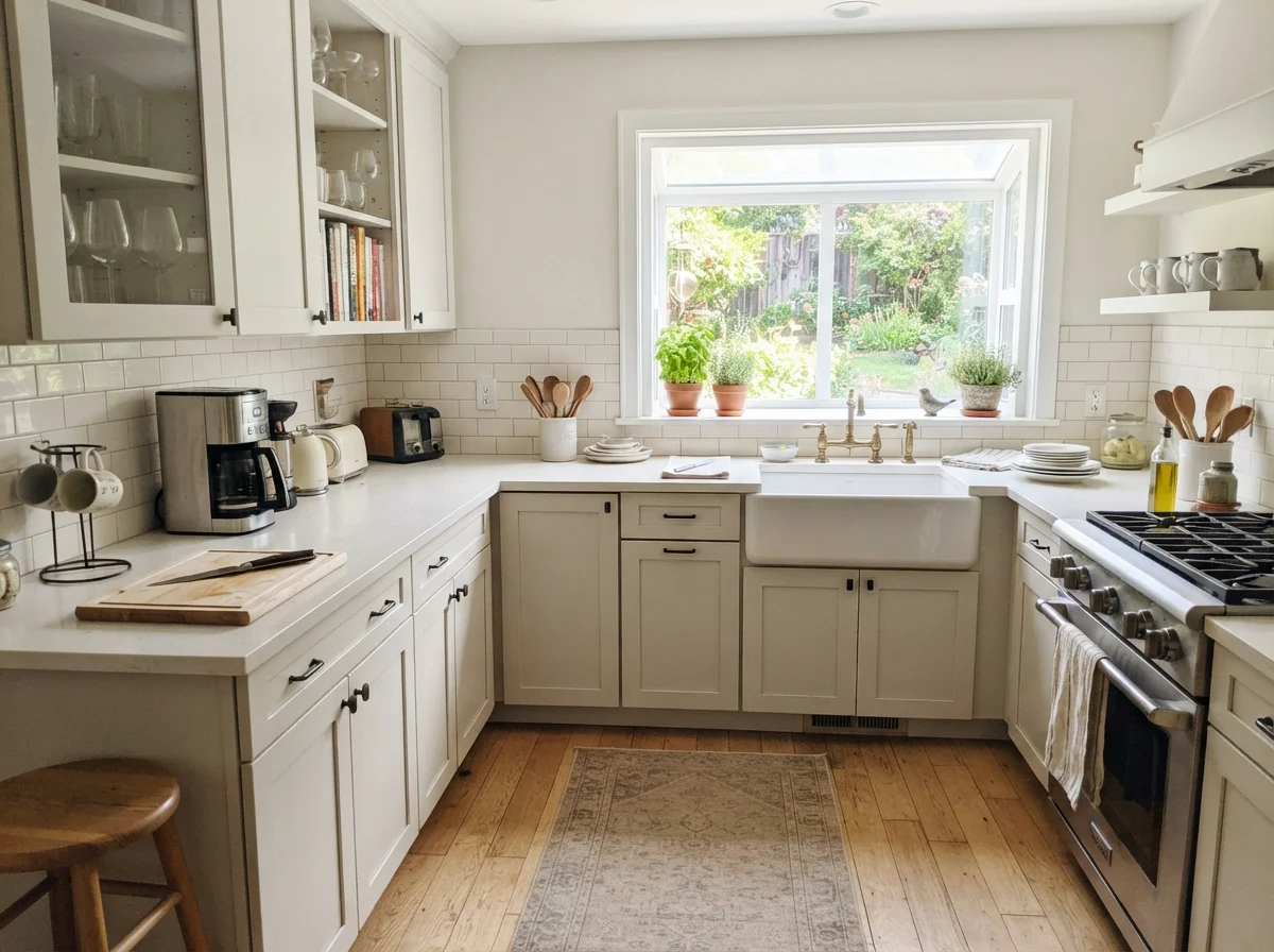 Kitchen shaker cabinets painted Pearly White with white subway tile and oak floors.