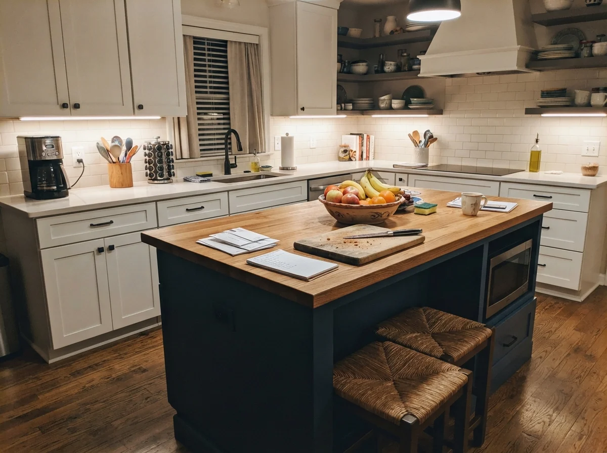 Kitchen island painted in Pearly White surrounded by white cabinetry under evening lights.