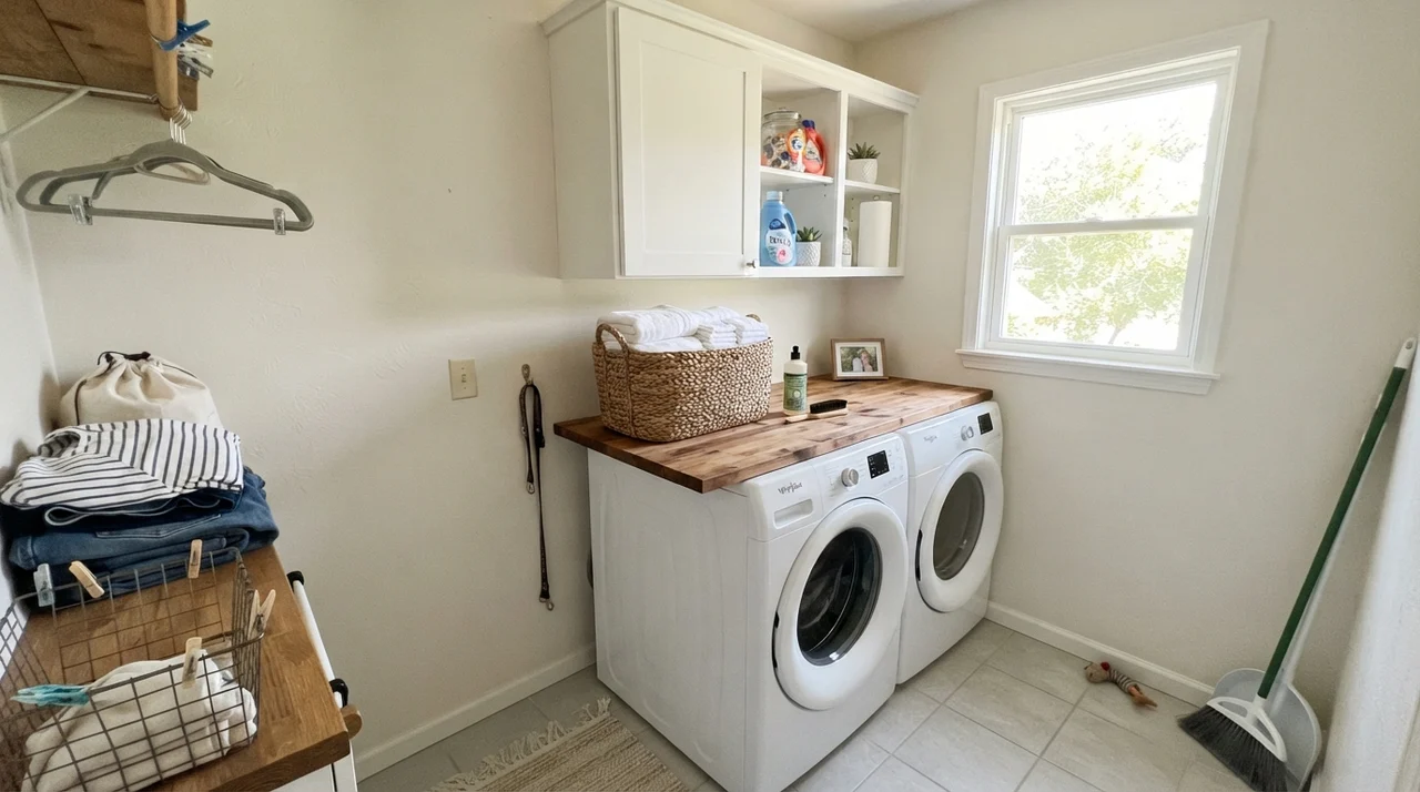 Bright laundry room with painted walls, white cabinets, and butcher-block counters.