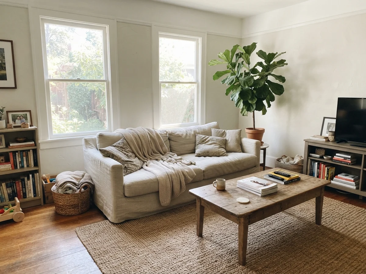 Living room in bright sun with painted walls, linen sofa, wood table, and jute rug.