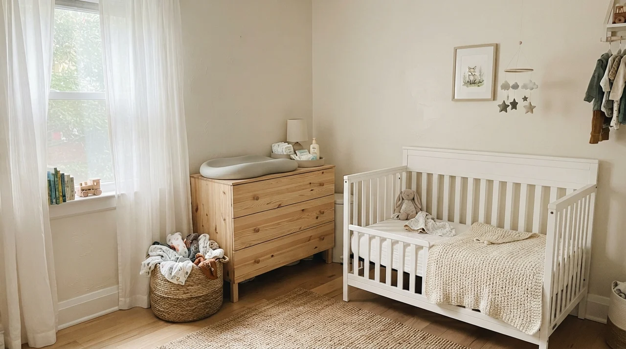Nursery with gentle daylight, white crib, light-wood dresser, and Pearly White walls.