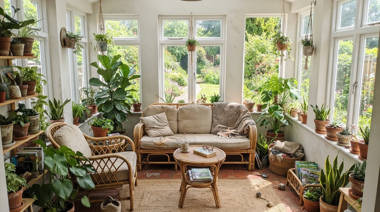 Sunroom with white-framed windows, rattan furniture, plants, and Pearly White walls.