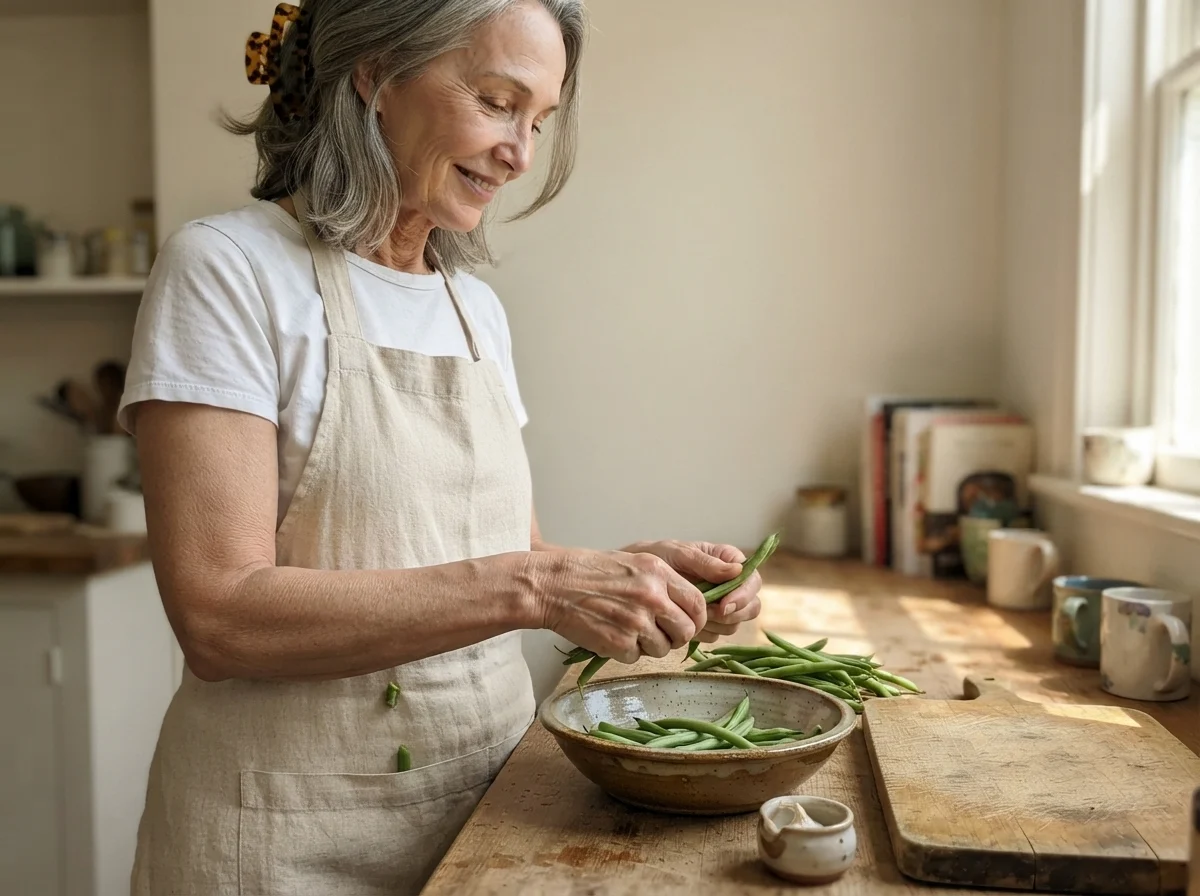 Susan snapping green beans into a bowl at a sunlit kitchen counter with Pearly White walls.