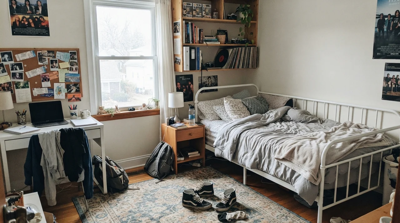 Teen bedroom with white metal bed frame, desk, shelves, and Pearly White painted walls.