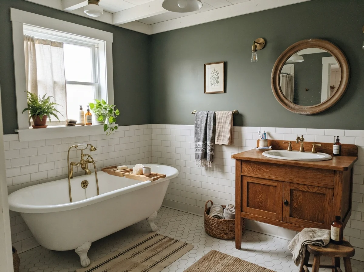 Cottage bathroom featuring Pewter Green walls, a white clawfoot tub, and warm oak vanity.