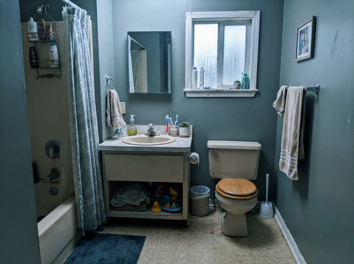 Modest bathroom showing Pewter Green picking up cool tones next to an older beige vanity.