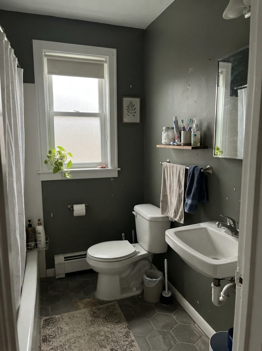 Small bathroom showing Pewter Green walls looking muted gray in flat daylight.
