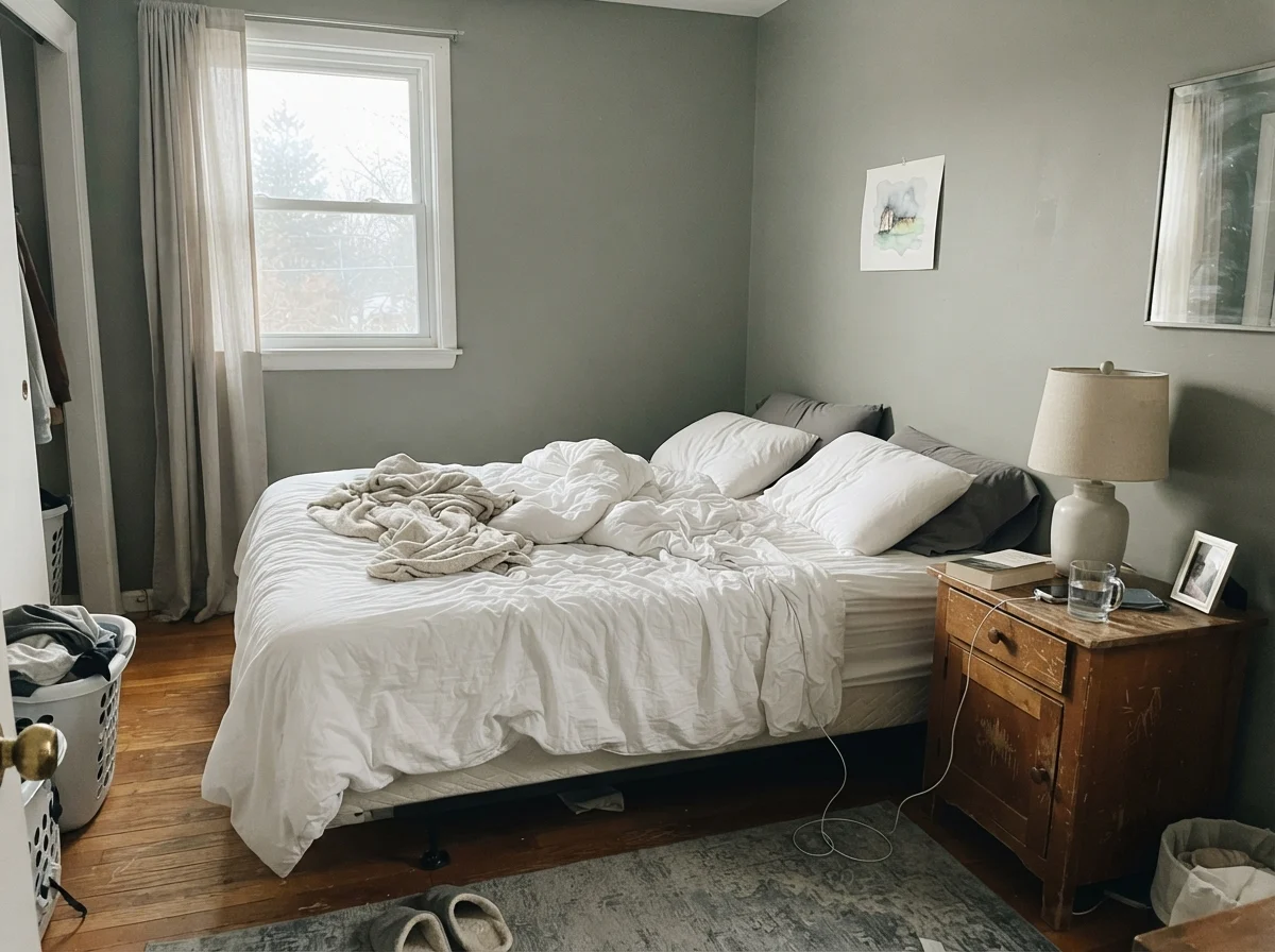 Bedroom with unmade white bedding and wood nightstand showing Pewter Green looking washed out in early morning light.