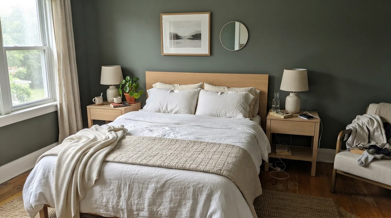 Main bedroom with painted Pewter Green walls, white linen bedding, and pale oak nightstands.