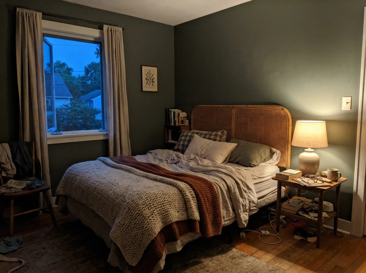 Cozy bedroom at dusk with a warm table lamp glowing against a Pewter Green wall behind a rattan headboard.