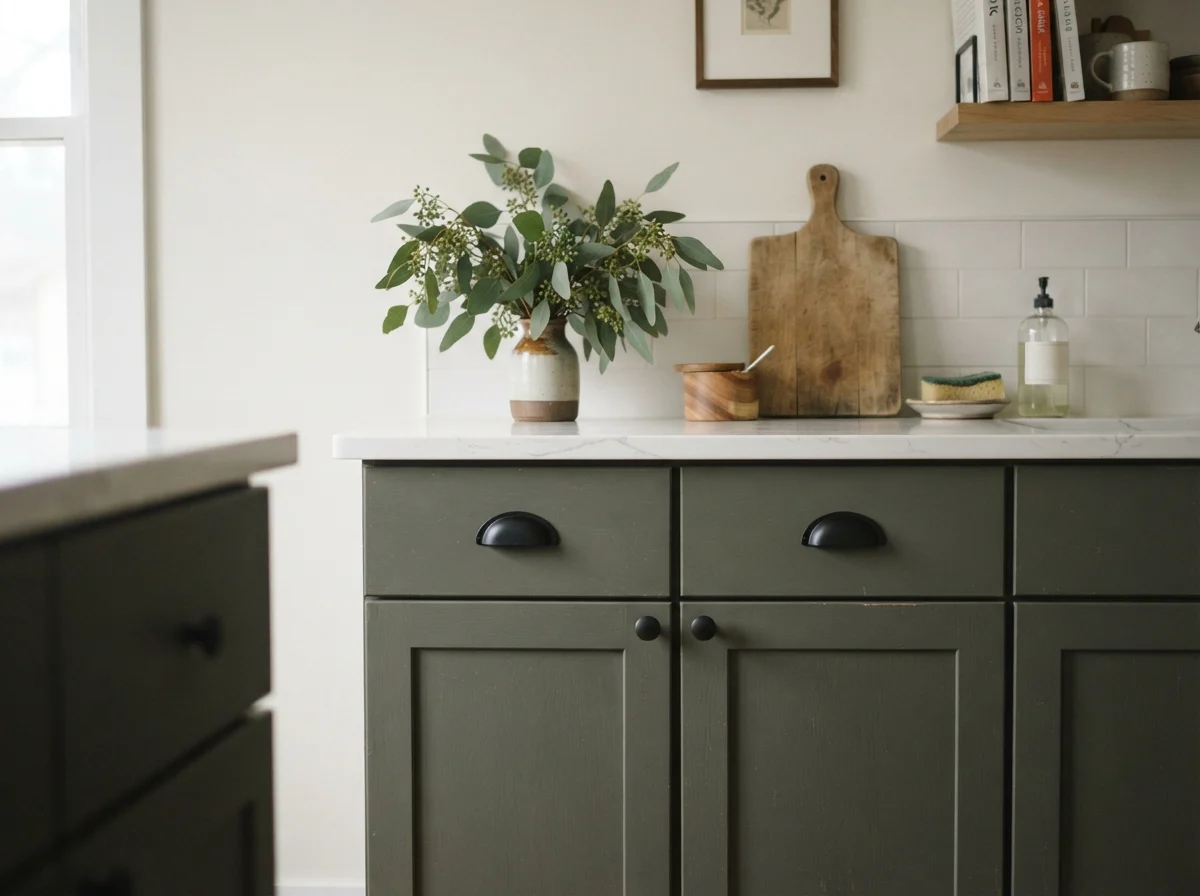 Close-up view of Pewter Green shaker cabinet door with matte black pull and quartz counter.