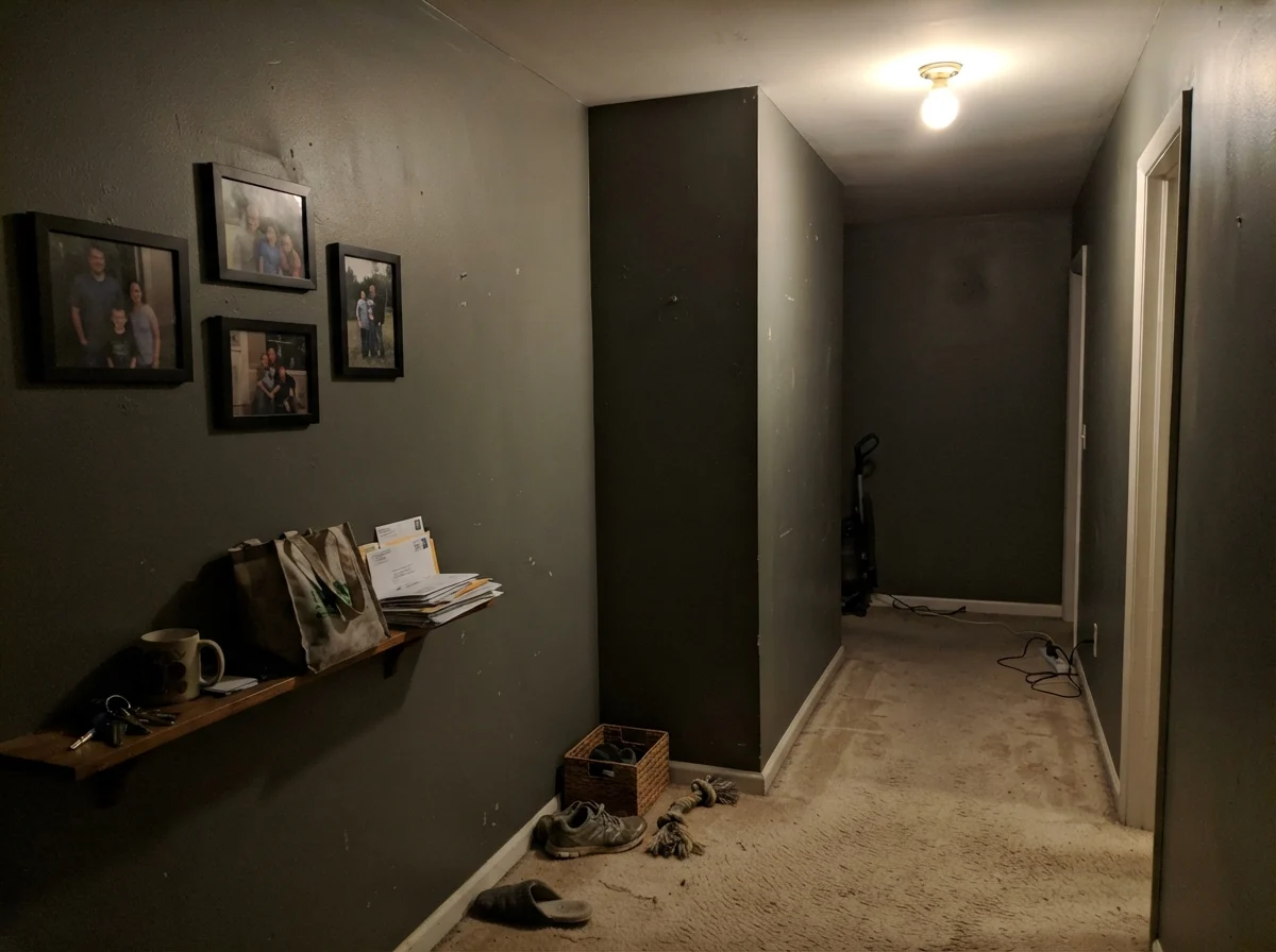 Dim windowless hallway showing Pewter Green looking muddy and dark under a single bulb.