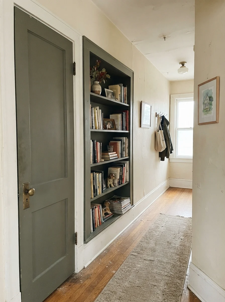 Hallway featuring a Pewter Green door and built-in bookshelf against cream walls.