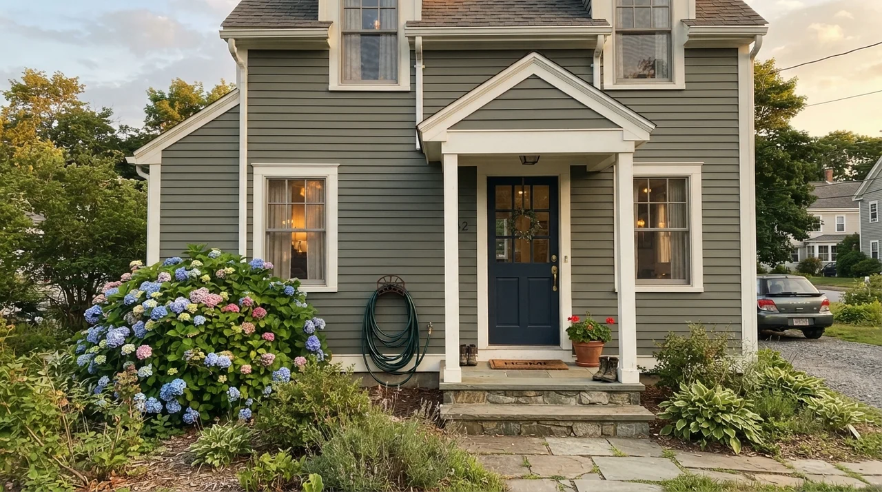 House exterior with horizontal siding painted Pewter Green, white trim, and a dark front door.