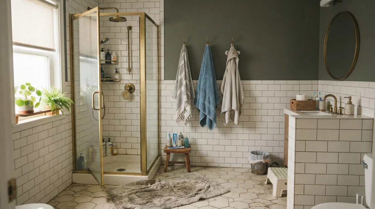 Family bathroom with Pewter Green upper walls above white subway tile wainscoting and brass shower fixtures.