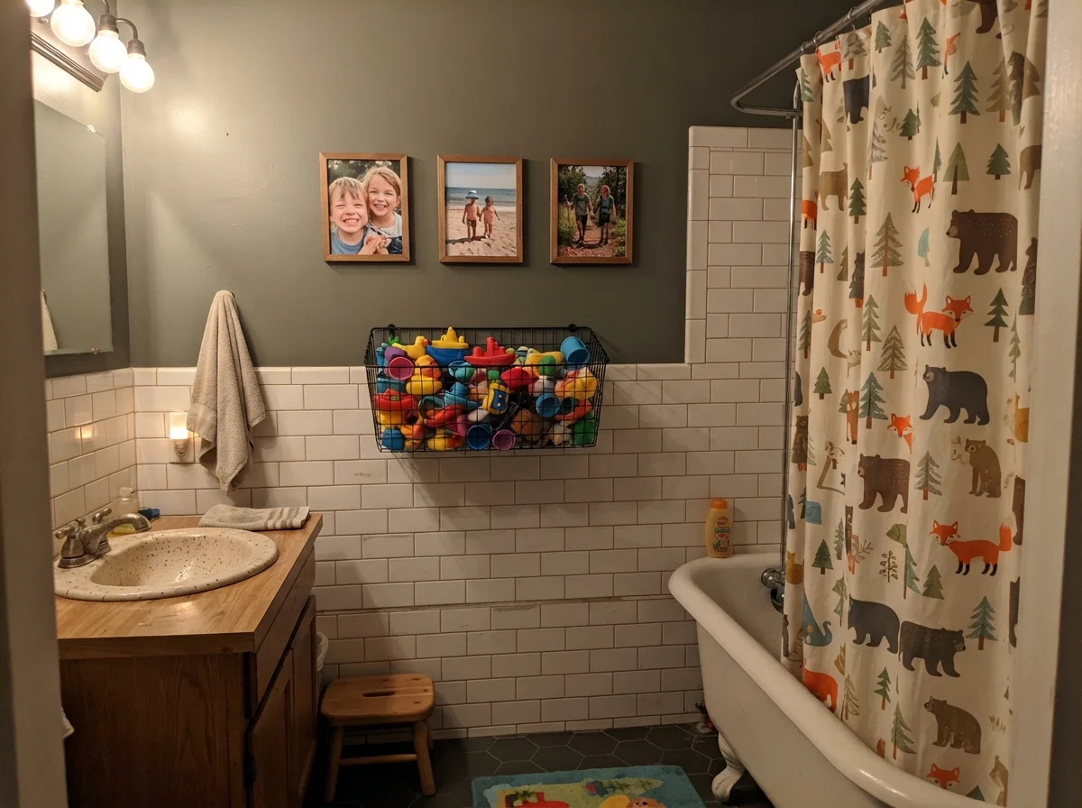 Kids' bathroom with Pewter Green upper walls over subway tile and a basket of bath toys.