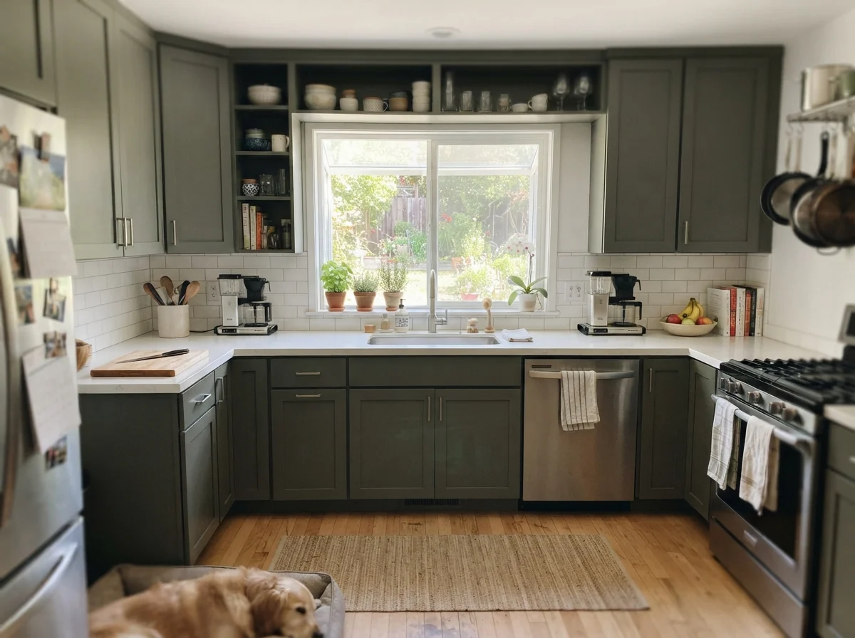 Bright airy kitchen with full upper and lower shaker cabinets painted Pewter Green and light oak floors.
