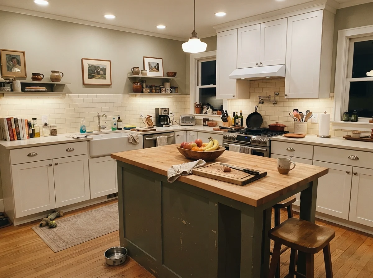 Kitchen featuring a Pewter Green painted center island surrounded by white perimeter cabinets.