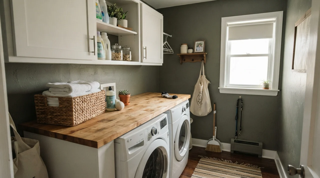 Bright laundry room with painted Pewter Green walls, butcher block counter, and white washer dryer.