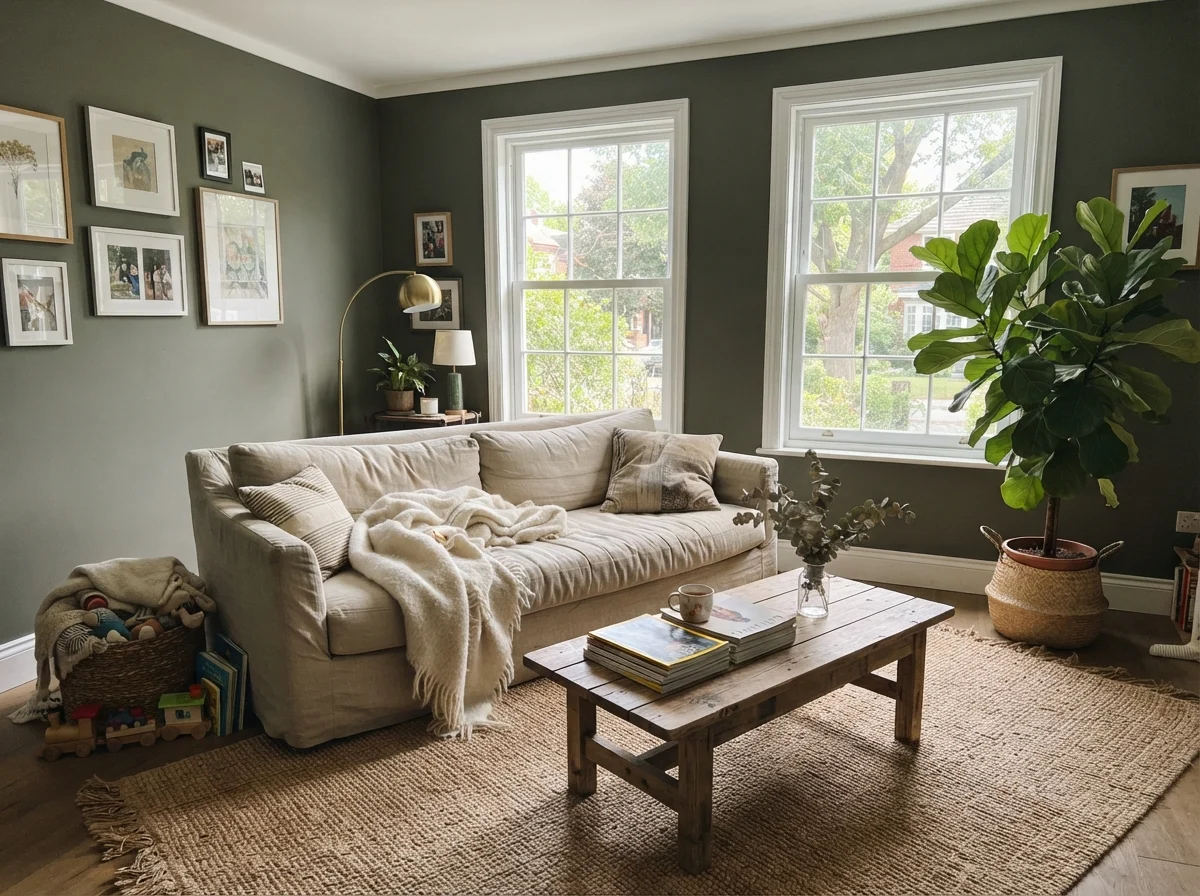 Sunlit living room with Pewter Green walls, linen sofa, wood coffee table, and jute rug.