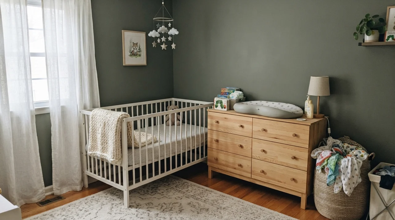 Nursery with Pewter Green walls, white crib, knit blanket, and light wood dresser.