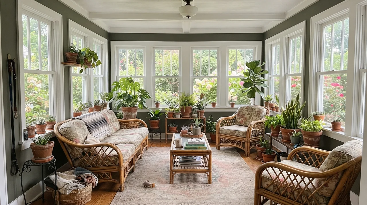 Sunroom with Pewter Green walls between white window frames, rattan furniture, and terracotta pots.