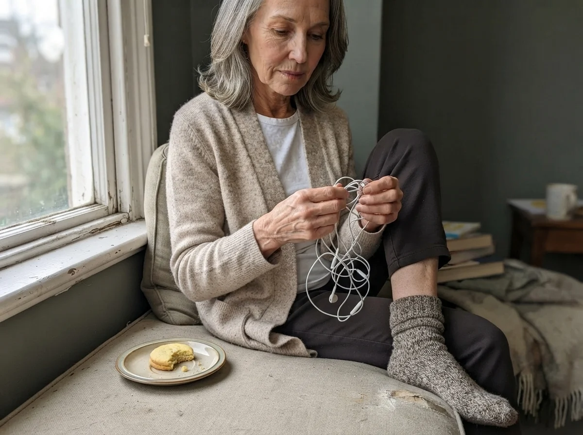 Susan Hartley relaxing on a window seat against a den wall painted in Sherwin-Williams Pewter Green.