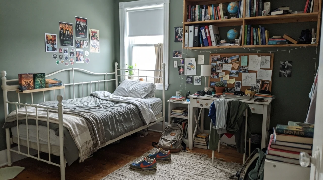 Teen bedroom with Pewter Green walls, white metal bed frame, desk, and bookshelf.