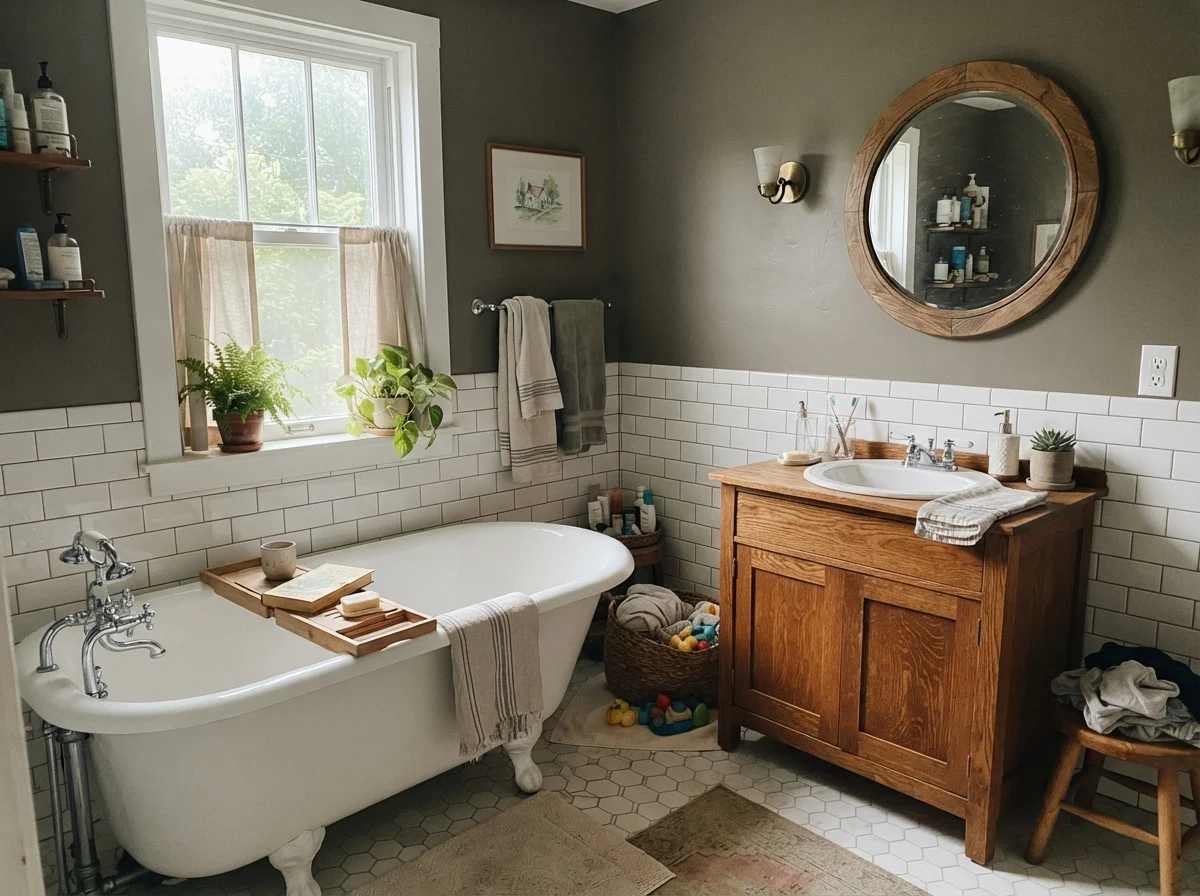 Cottage bathroom with clawfoot tub and hex tile against Porpoise walls