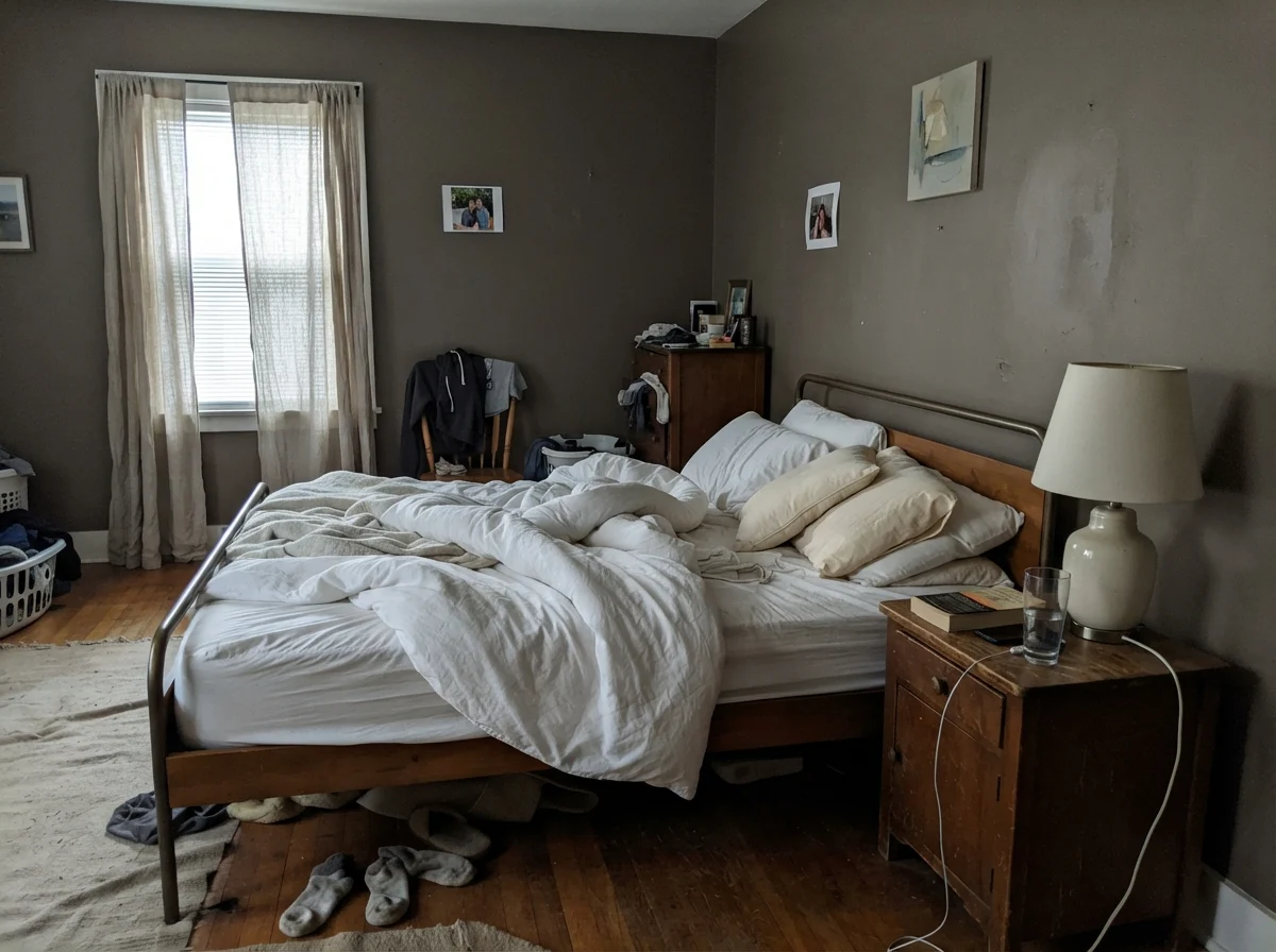 Bedroom with unmade bed and pale washed out Porpoise walls in early daylight