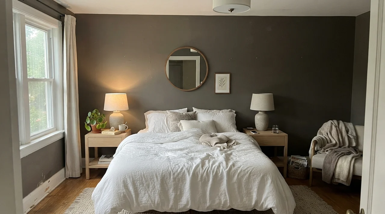 Serene main bedroom with white linen bedding and Porpoise walls