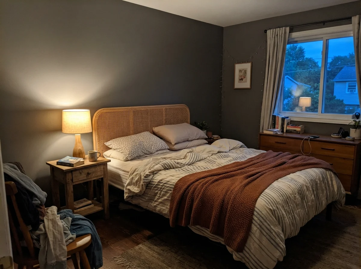 Bedroom with rattan headboard and warm lamp lighting up Porpoise walls at evening