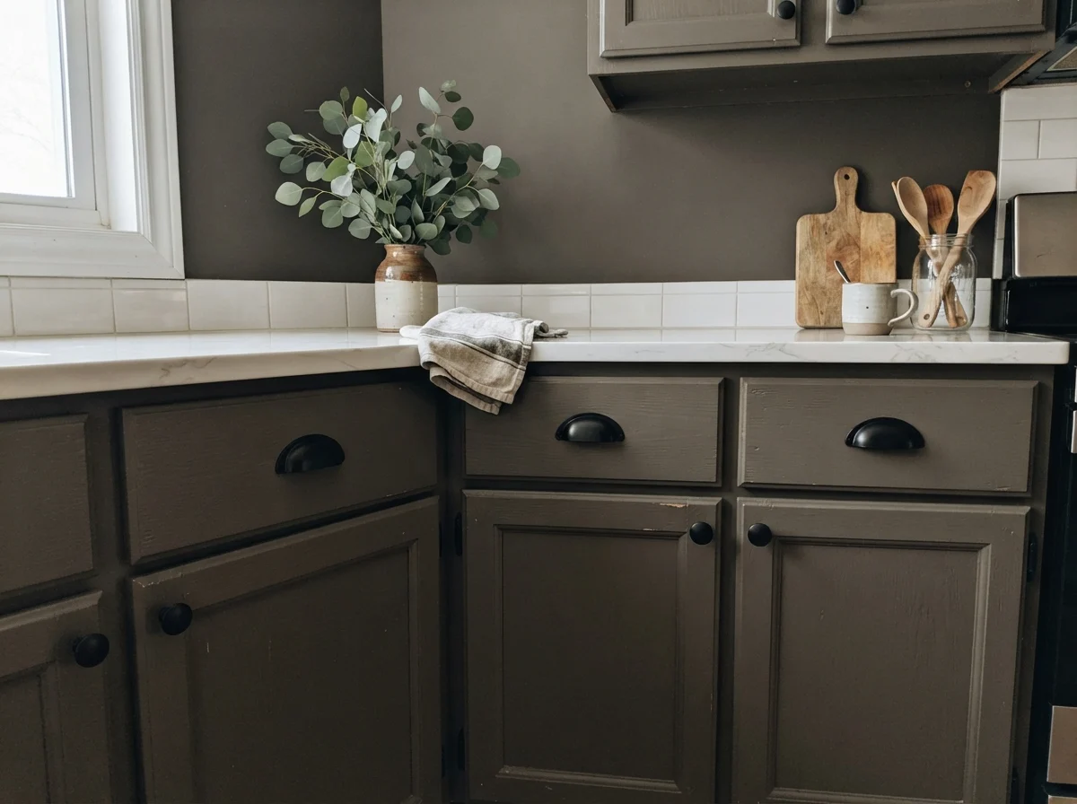 Close-up of Porpoise shaker cabinets with matte black handles and quartz counters