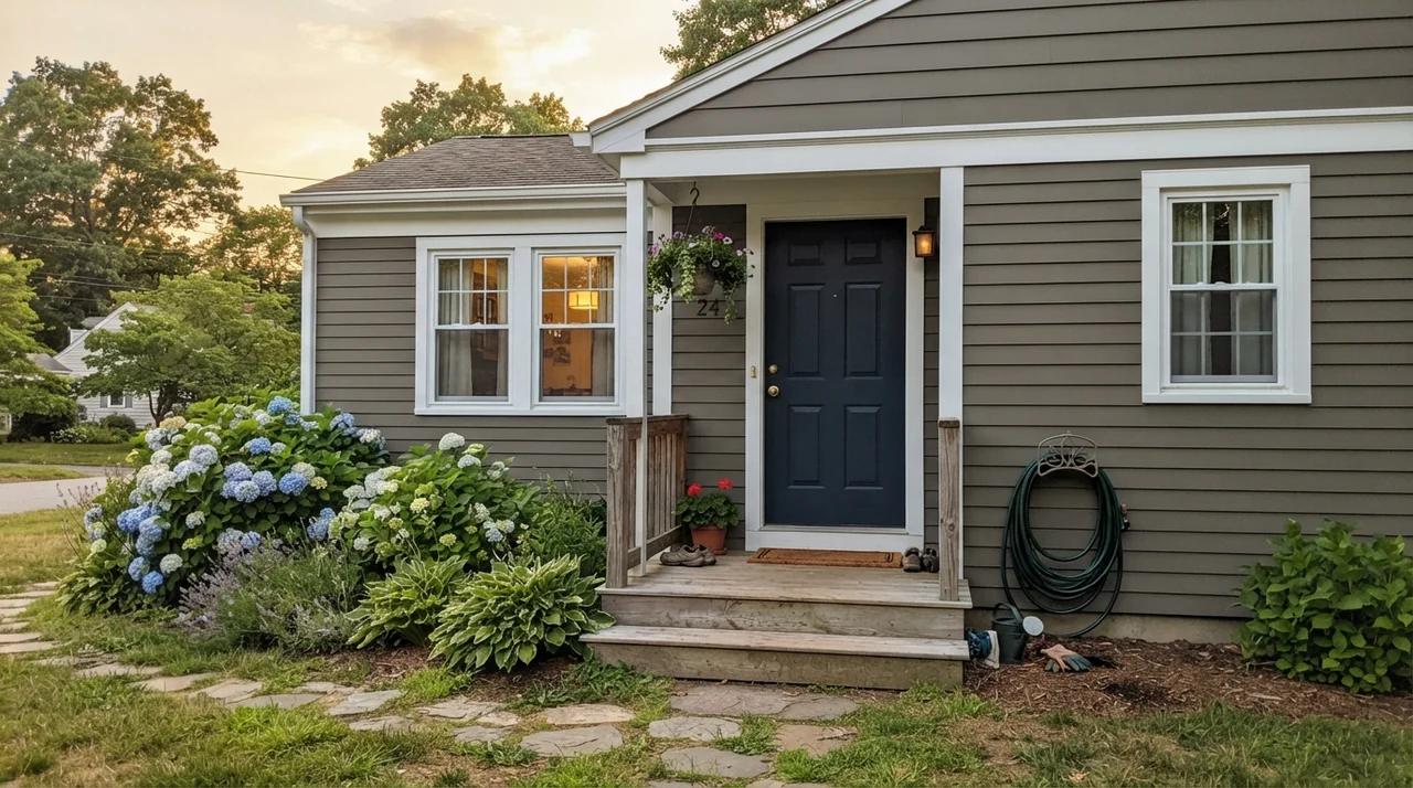House exterior with horizontal siding painted Porpoise and crisp white trim