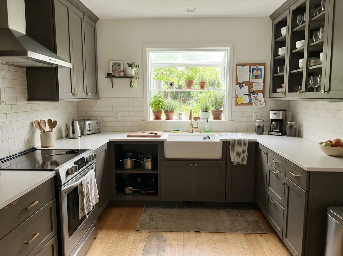 Full kitchen shaker cabinets in Porpoise with white subway tile backsplash
