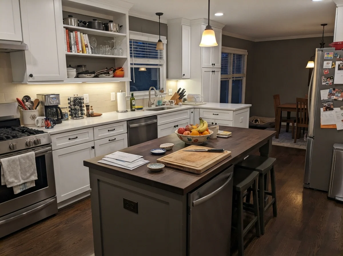 Kitchen island painted Porpoise with white perimeter cabinets and cream walls