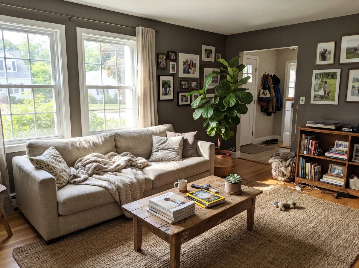 Sunny living room with linen sofa, jute rug, and Porpoise walls