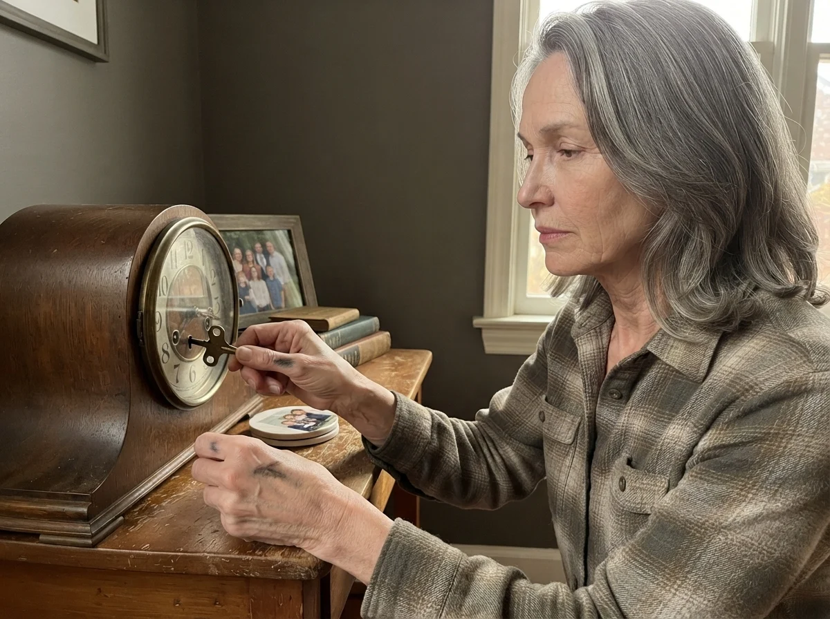 Susan winding an antique mantel clock against Porpoise painted walls