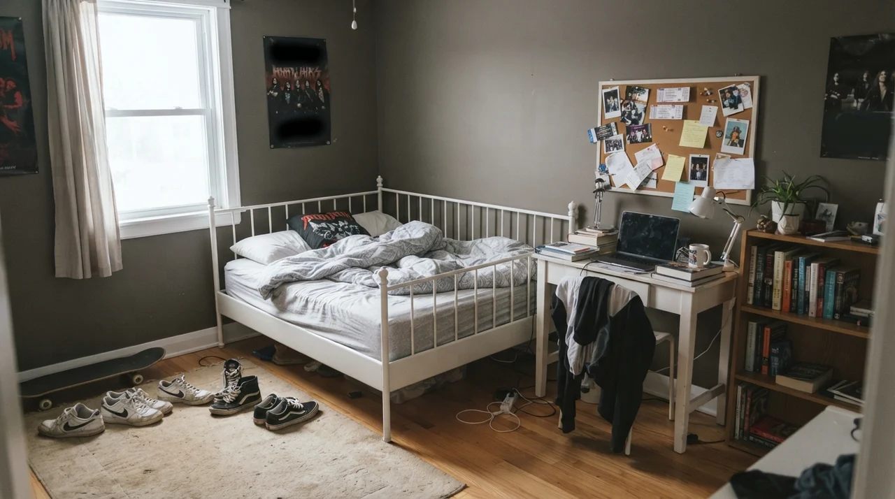 Teenager bedroom with white metal bed frame and Porpoise painted walls