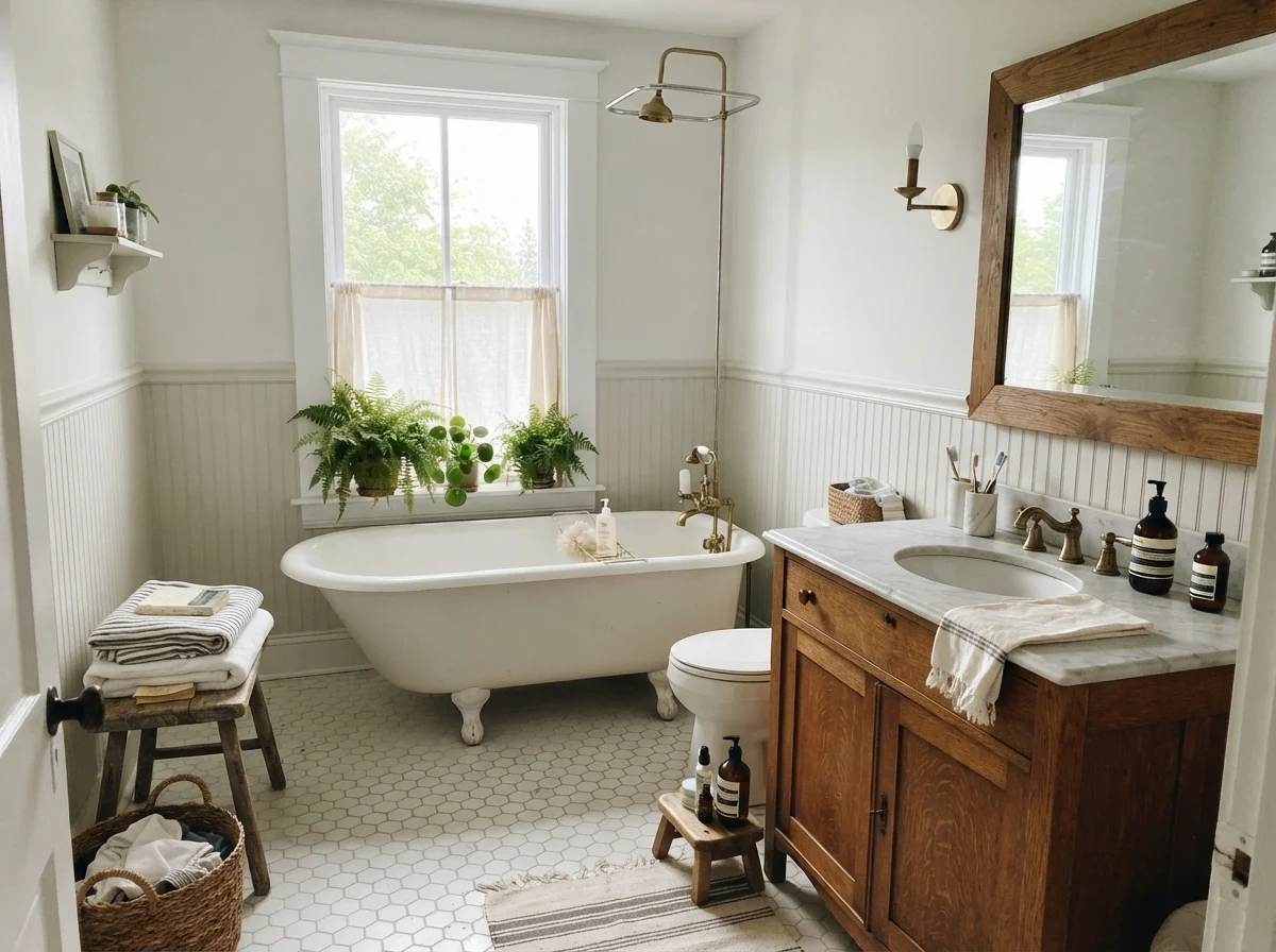 Cottage bathroom with clawfoot tub and oak vanity against Pure White walls.