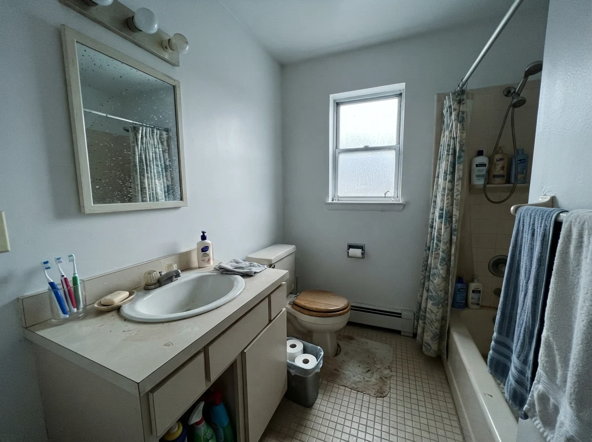 Dated bathroom with painted walls and older beige vanity under cool north daylight.